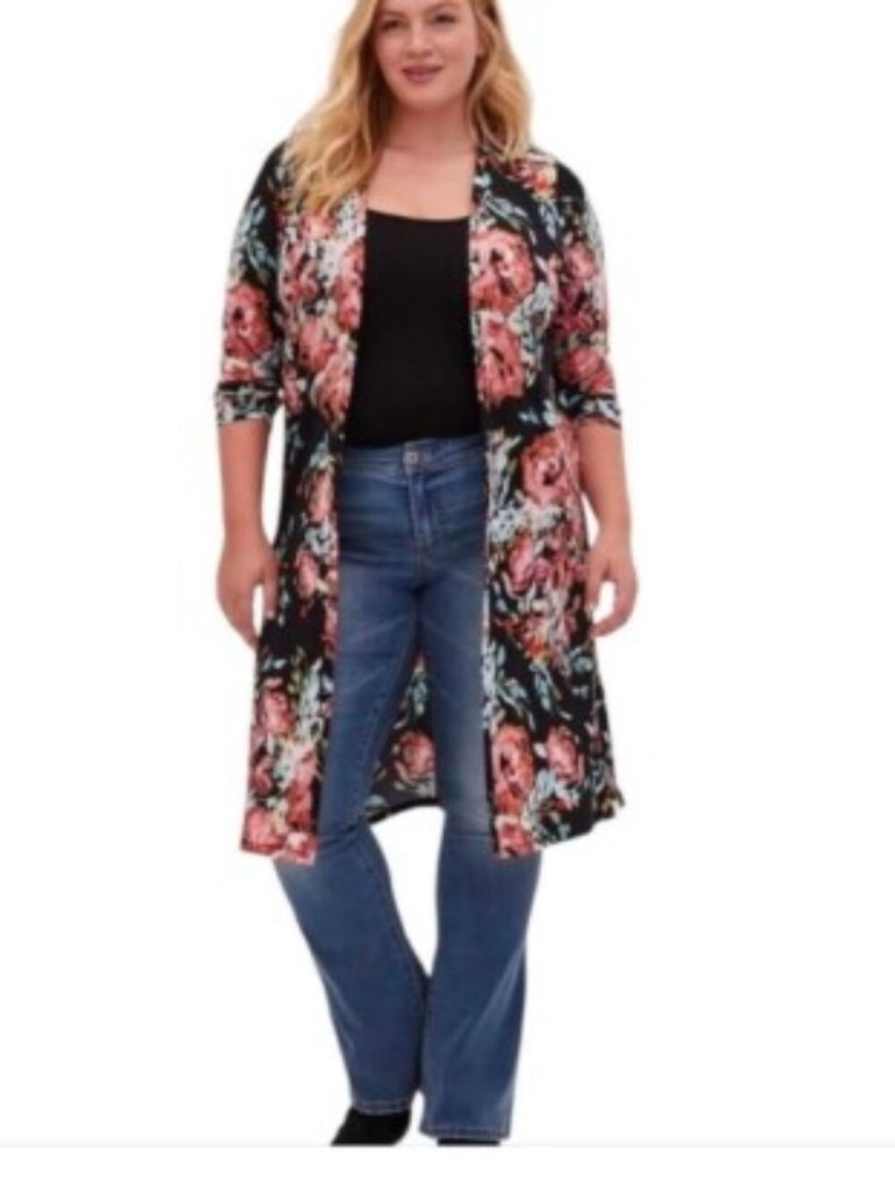 Torrid size 3  EUC Studio Knit Black Floral Longline Cardigan